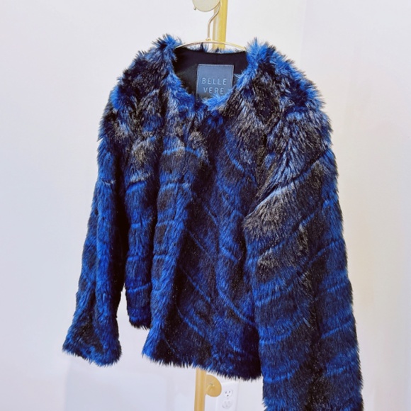 BELLE VERE dark blue layers faux fur coat jacket - Picture 2 of 6